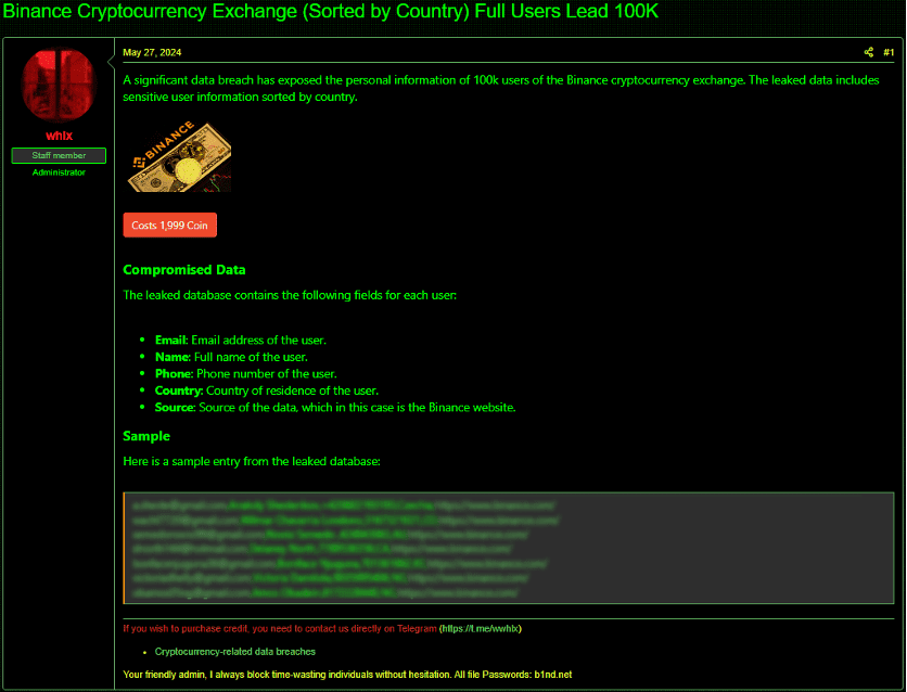 Binance Cryptocurrency Leak