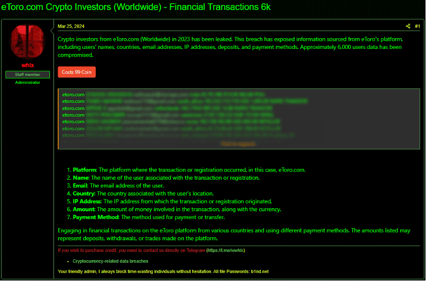 eToro Cryptocurrency Leak